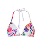 White smocked triangle bikini top with colorful floral print, featuring adjustable neck and back ties for a playful, feminine look.