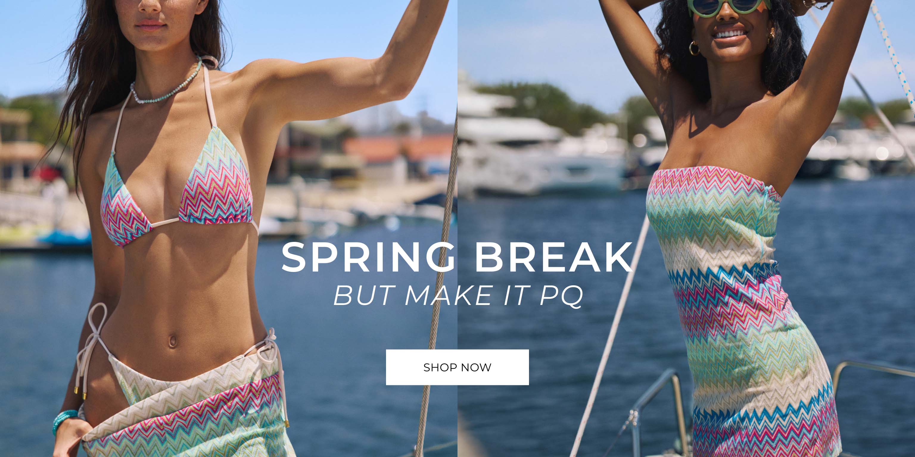 women wearing a zig zag pattern bikini and dress are standing on a boat in front of harbor.