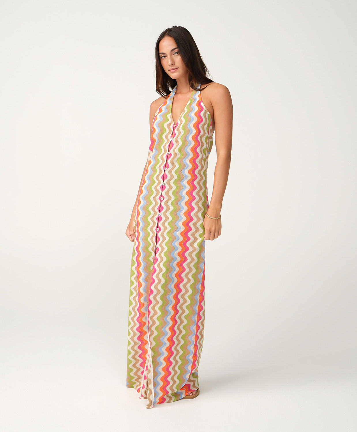 Jacka Mae Halter Dress in multicolor zigzag shimmer pattern