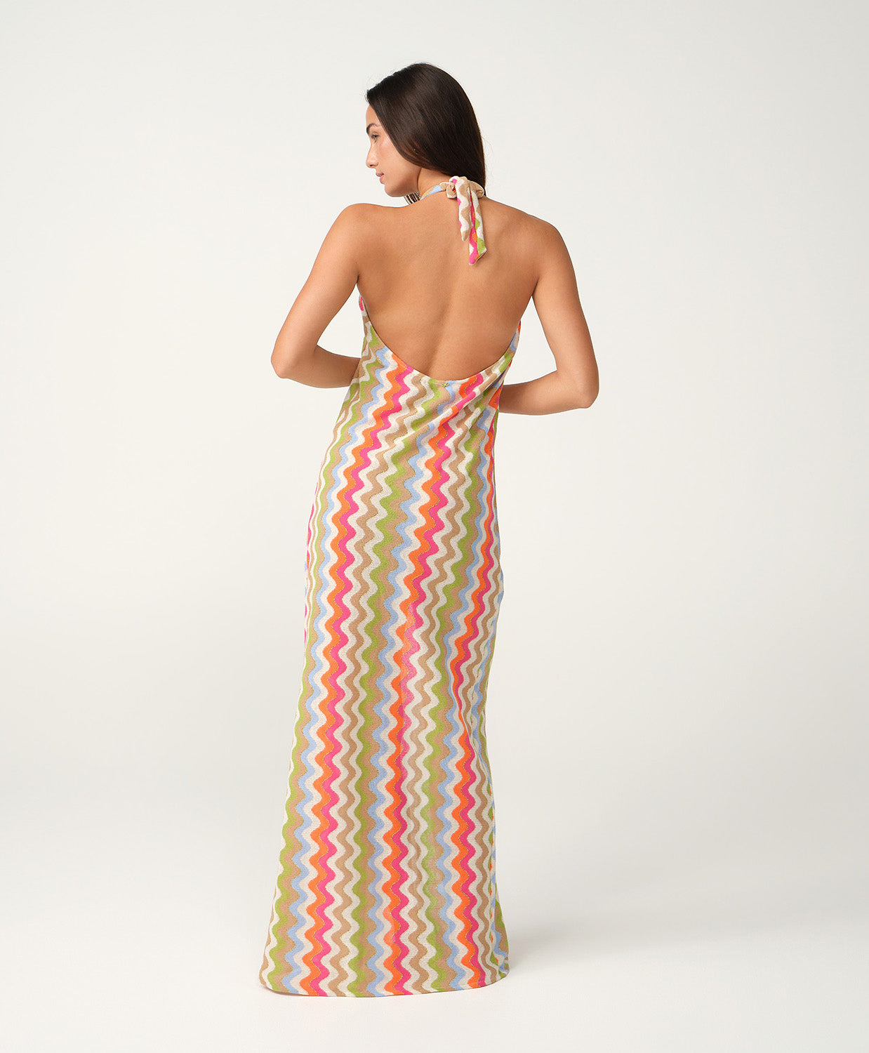Jacka Mae Halter Dress in multicolor zigzag shimmer pattern