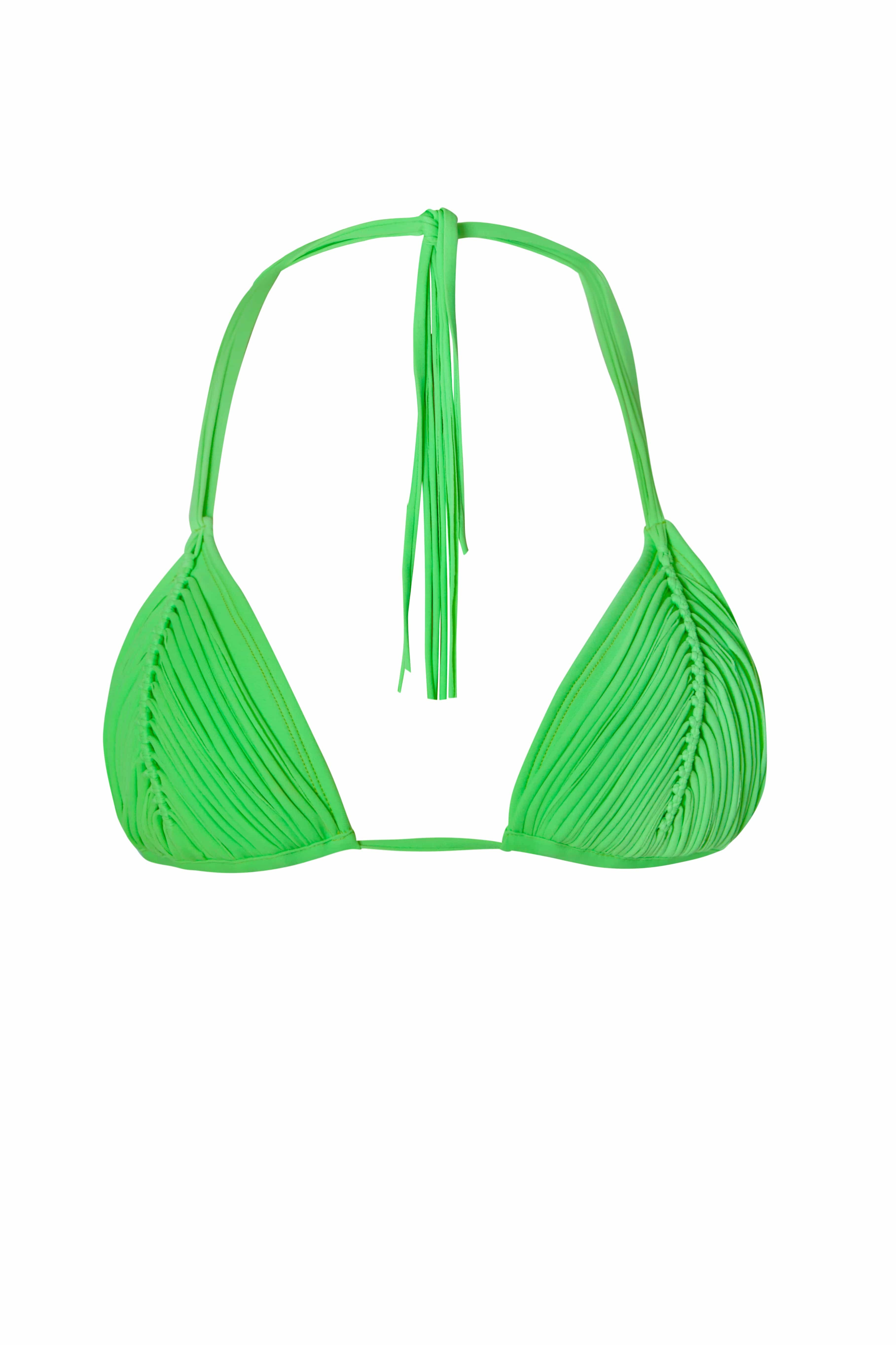 A green triangle bikini top against a white wall.