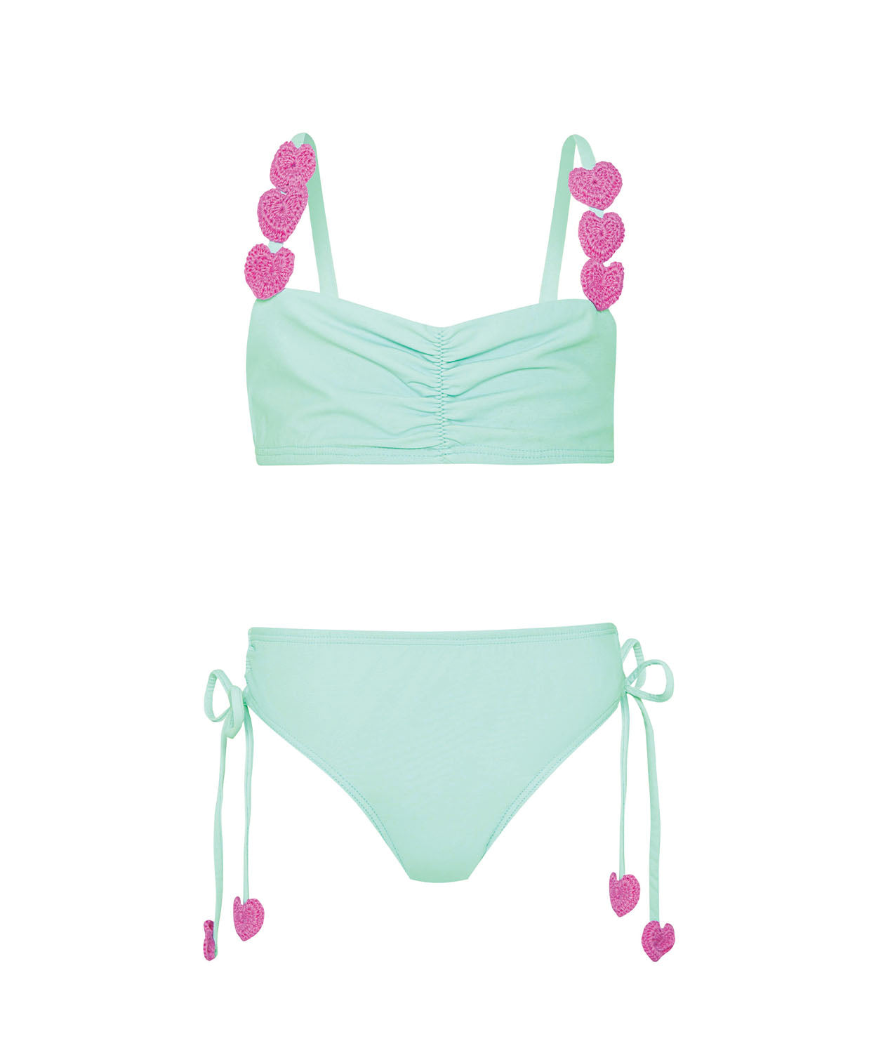 Kids Aqua Hearts Bikini with pink heart embroidery and adjustable tie straps, a playful aqua two-piece for sunny days.