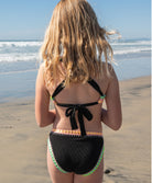 Kids Black Pearl Rainbow Embroidered Bikini with colorful exposed elastic detailing.