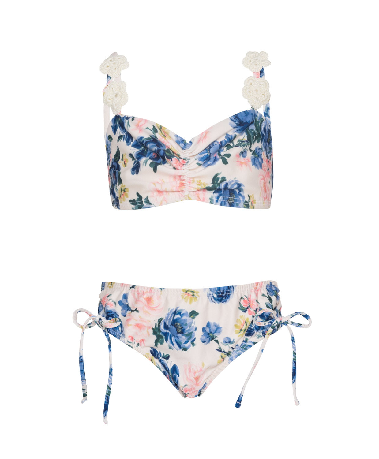 Kids Blossom Evie Flower Bikini two-piece with floral print, crochet flower straps, and ruched tie bottoms for a playful fit.