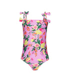 Kids Dahlia Maddie Bow One Piece swimsuit with vibrant pink floral print and bow strap details.
