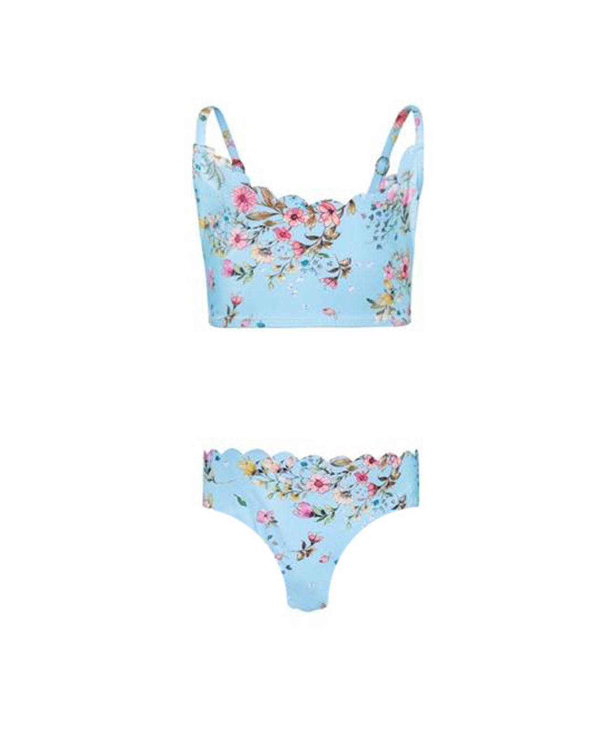 Kids Dolce Remy Seamless Bikini in soft blue floral print with scalloped trim and adjustable straps.
