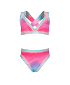 Kids Dreamy Rainbow Embroidered Bikini featuring colorful tie-dye design and exposed elastic detailing inspired by Solange Ferrarini.