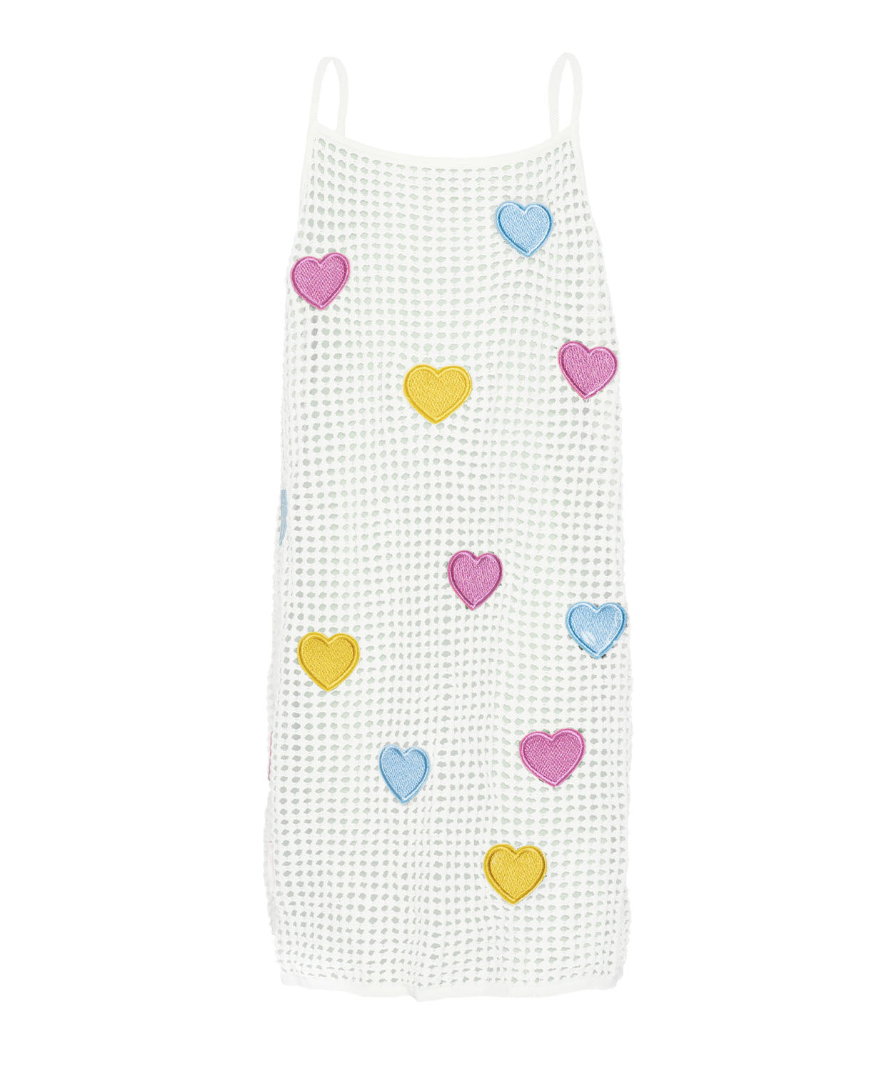 Kids Heart Olivia Cover Up – crochet knit dress with pastel rainbow hearts, light and playful for sunny adventures.