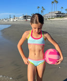 Kids Ice Blue Sporty Rainbow Embroidered Bikini featuring colorful exposed elastic detailing inspired by Solange Ferrarini.