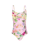 Kids Paradise Bloom Daisy One Piece floral swimsuit with yellow bow accent, adjustable straps, and tie-back design.