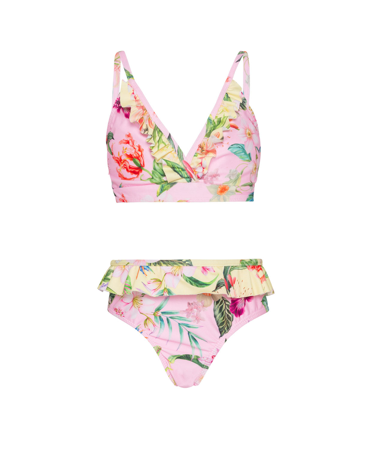 Kids Paradise Bloom Elsie Ruffle Bikini with tropical floral print and playful yellow ruffle details for sunny beach days.