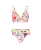 Kids Paradise Bloom Elsie Ruffle Bikini with tropical floral print and playful yellow ruffle details for sunny beach days.