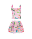 Kids Paradise Bloom Lucy Ruffle Skirt Set with tropical floral crochet fabric, playful ruffle skirt, and adjustable tie top for sunny adventures.