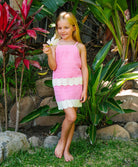 Kids Rosy Kennedy Set pink crochet outfit with white trim, perfect for beach days and sunny adventures.