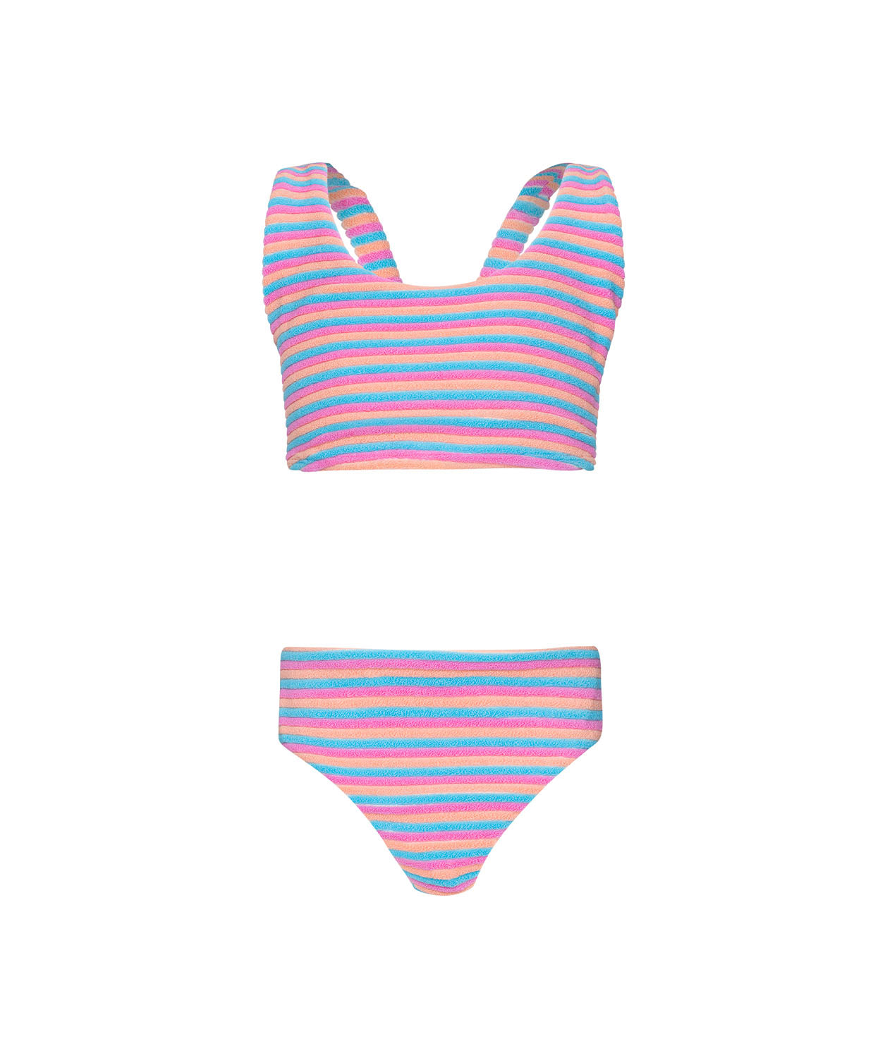 Kids Sherbet Finley Bikini in colorful striped terry cloth, a playful two-piece swimwear for girls.