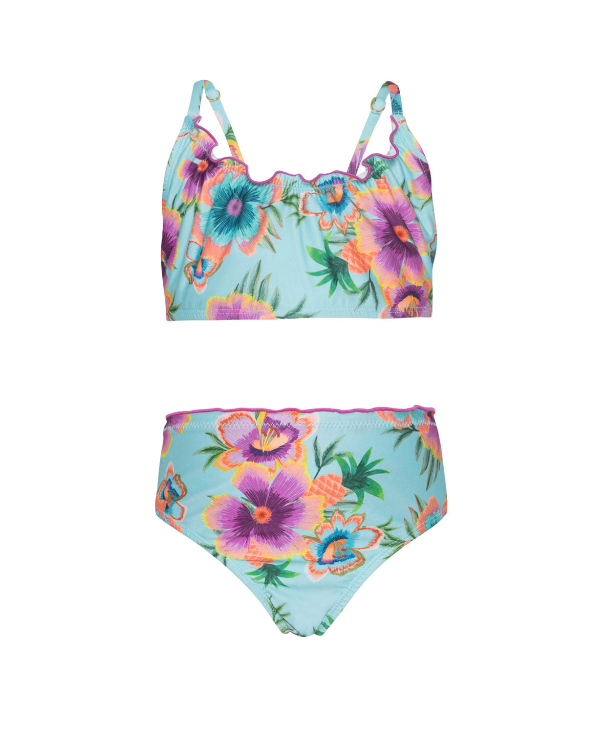 Kids Solana Coco Bikini with vibrant blue tropical floral print and playful lettuce-edge trim.