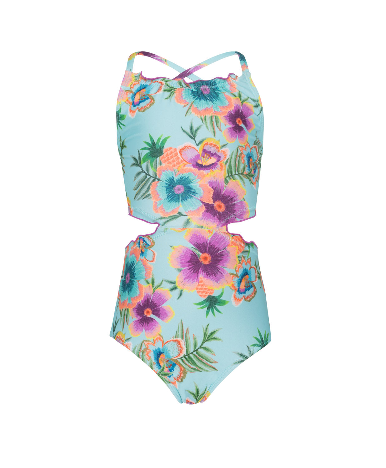 Kids Solana Junie Cut Out One Piece swimsuit with vibrant blue tropical floral print, lettuce-edge trim, and playful cutout details.
