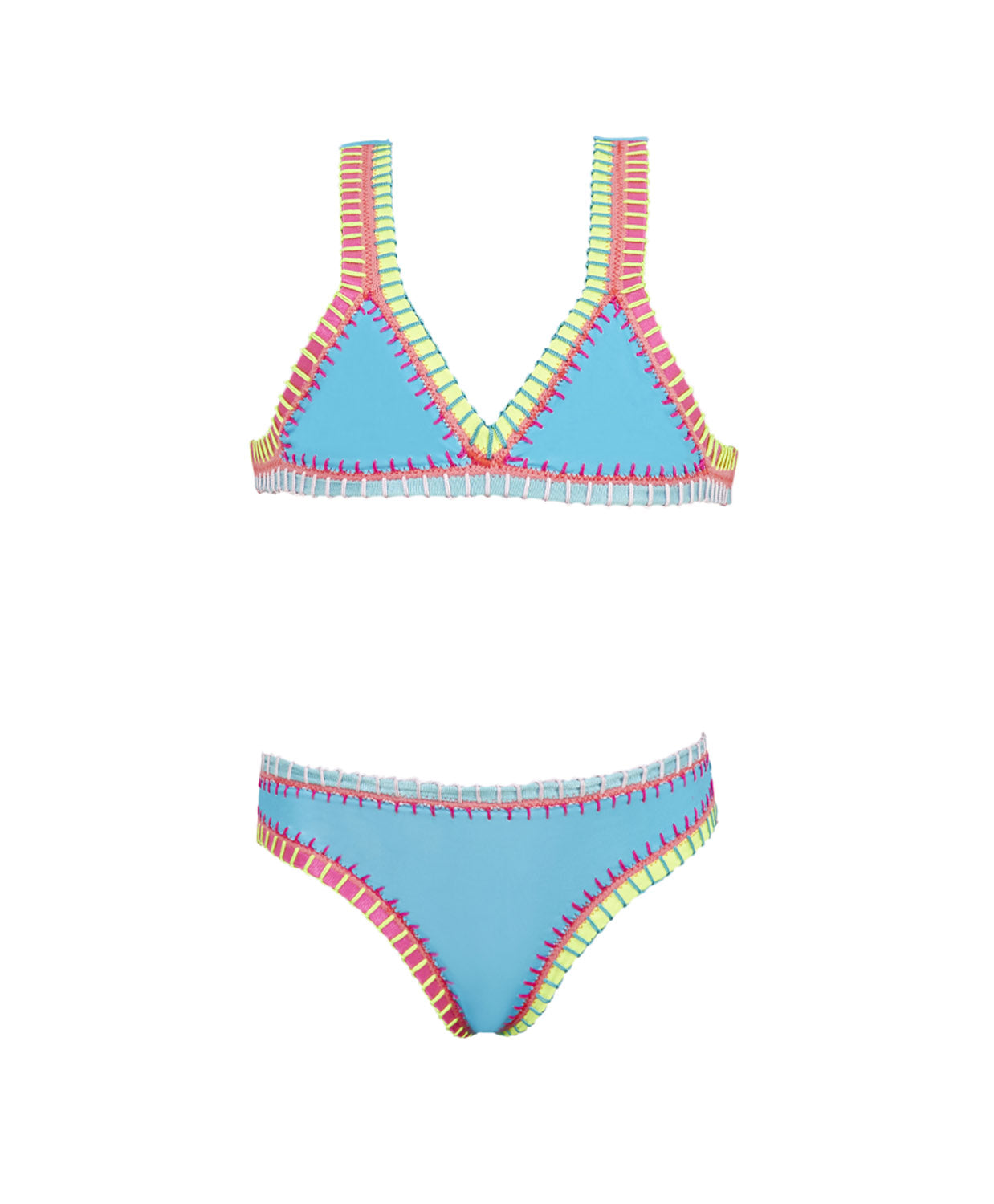 Kids Turquoise Rainbow Embroidered Bikini with exposed elastic detail and vibrant tropical colors.