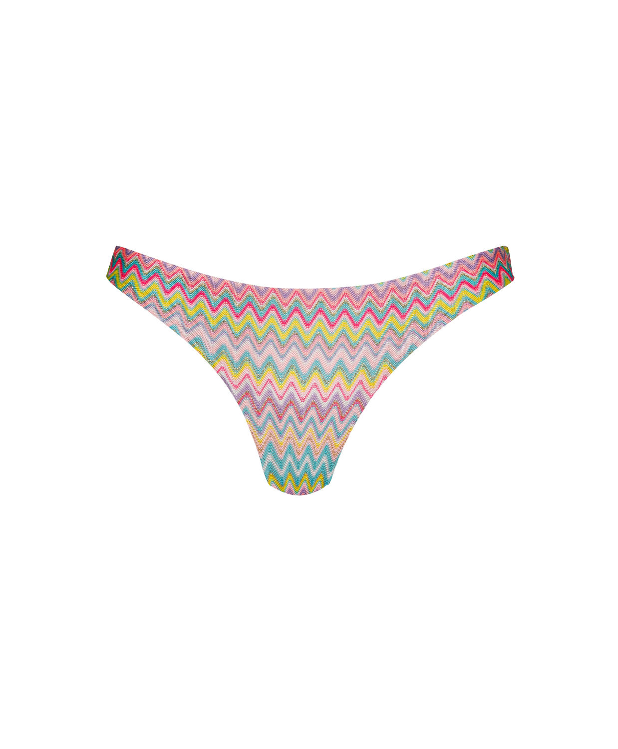 Love Spell Basic Ruched Bottom bikini bottom with shimmering pastel chevron print and flattering ruched back.
