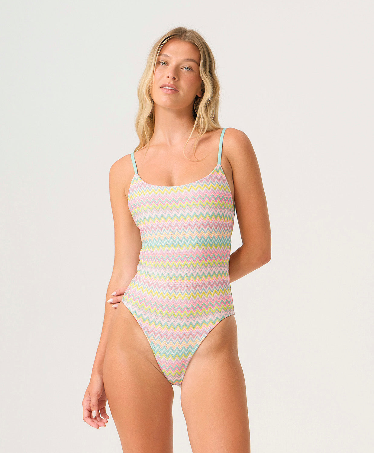 Love Spell Eloise One Piece swimsuit with shimmering pastel chevron print, low-cut back, and adjustable tie closures.