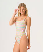Love Spell Eloise One Piece swimsuit with shimmering pastel chevron print, low-cut back, and adjustable tie closures.