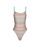 Love Spell Eloise One Piece swimsuit with shimmering pastel chevron print, low-cut back, and adjustable tie closures.