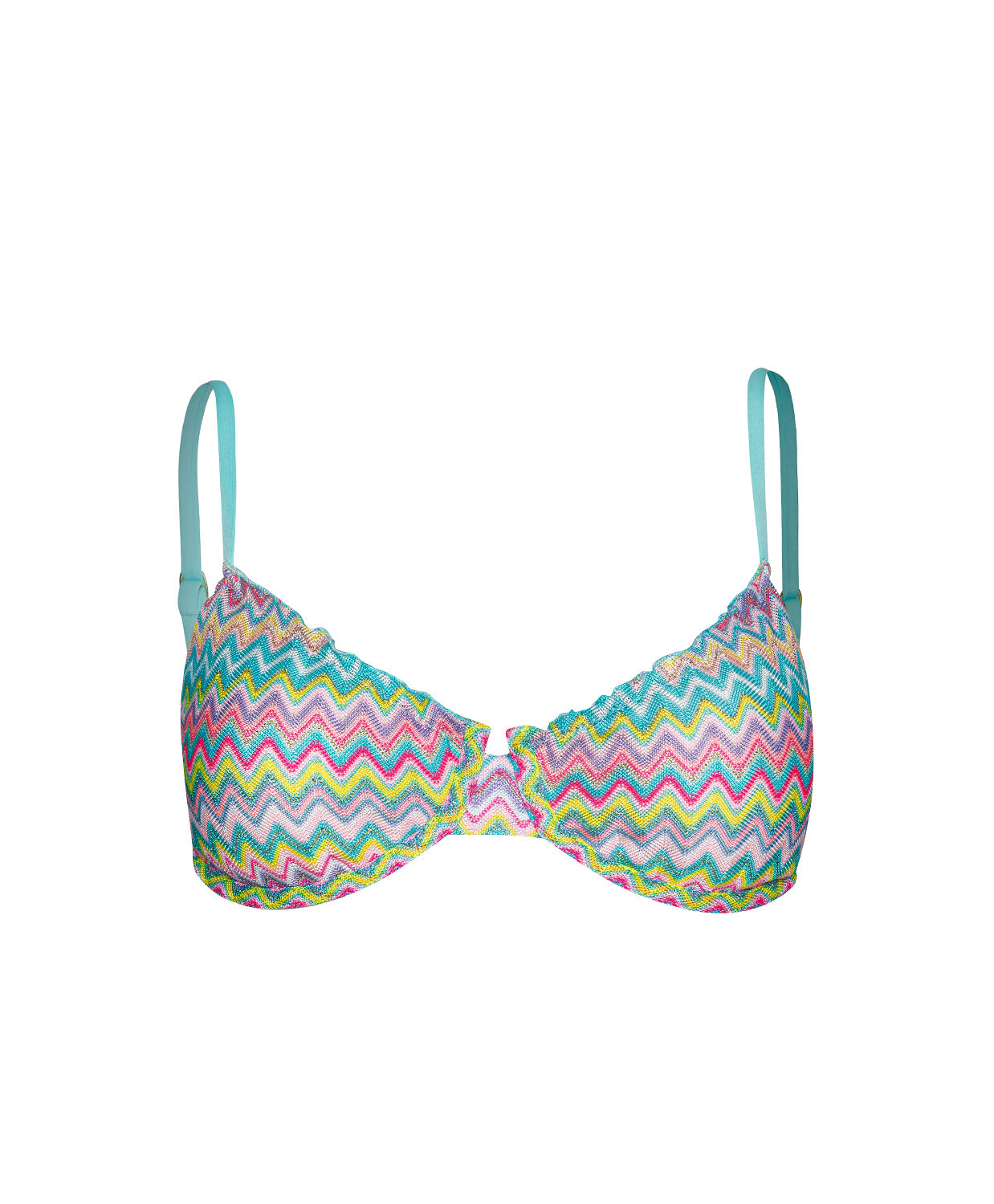 Love Spell Lettuce Edge Underwire Top with pastel chevron print, ripple trim, supportive underwire, and adjustable tie-back fit.