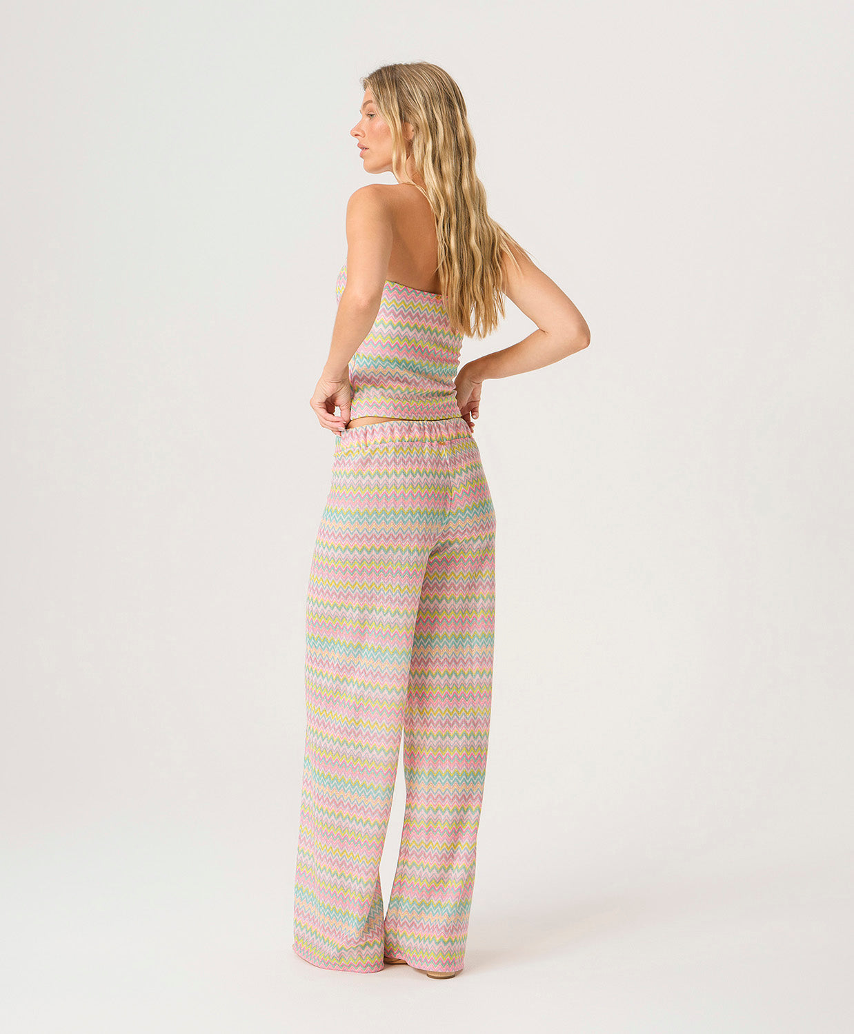 Love Spell Meg High Waist Pant with shimmering pastel multicolor chevron print and flattering high-waist silhouette.