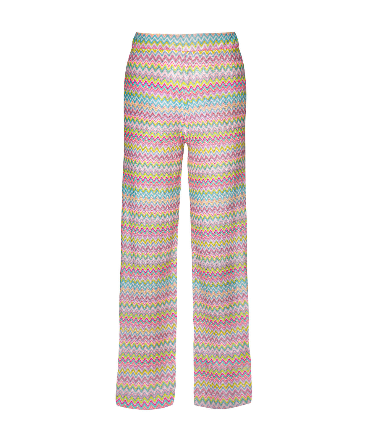 Love Spell Meg High Waist Pant with shimmering pastel multicolor chevron print and flattering high-waist silhouette.