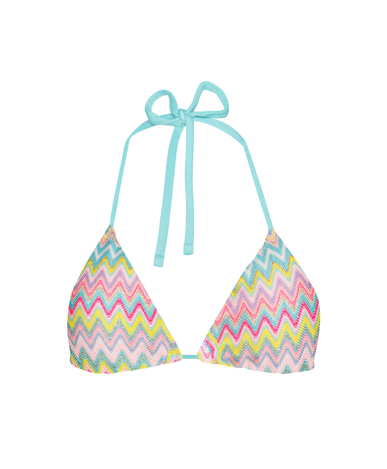 Love Spell Triangle Top bikini with pastel chevron print, shimmering fabric, and adjustable tie straps.