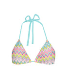 Love Spell Triangle Top bikini with pastel chevron print, shimmering fabric, and adjustable tie straps.