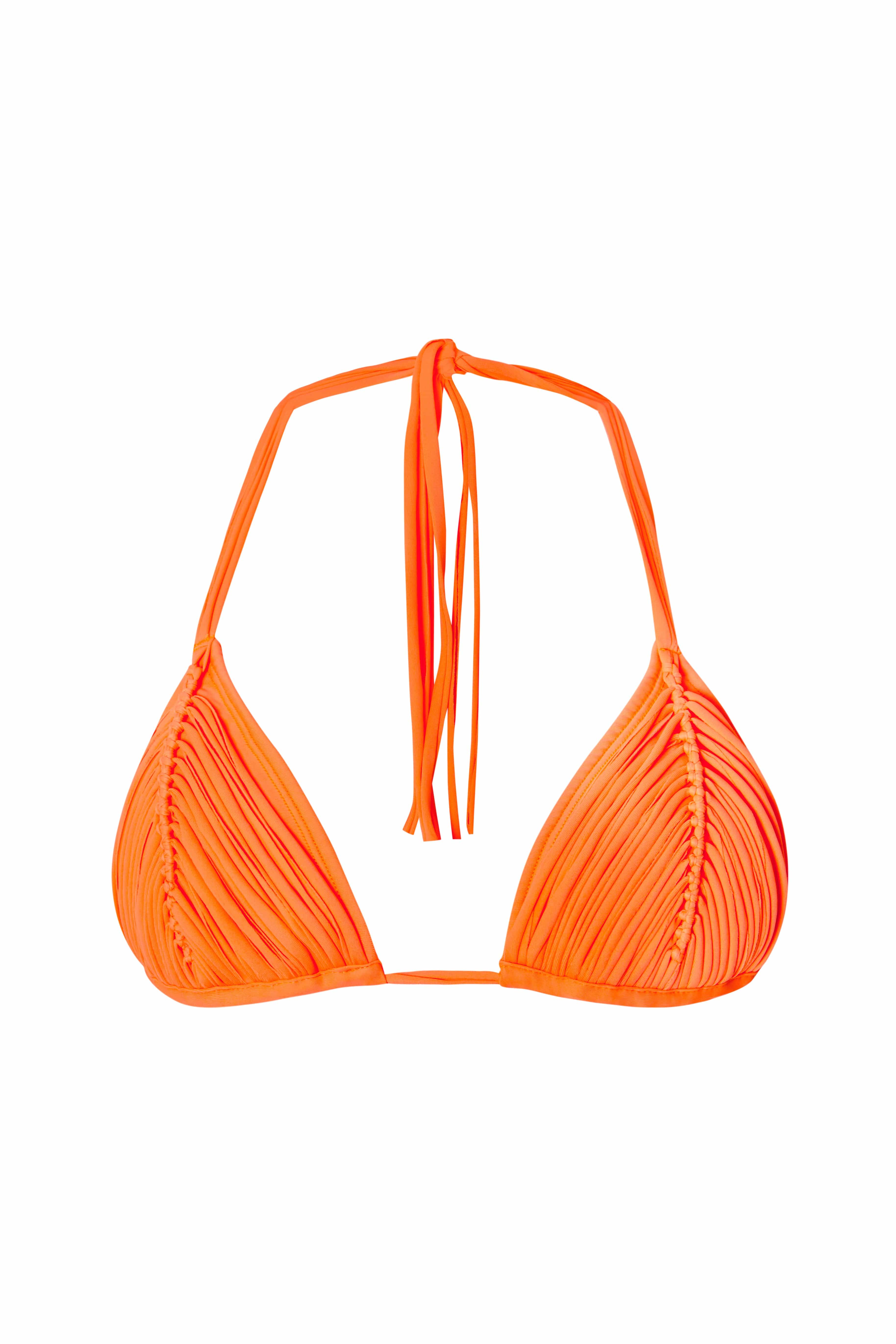 An orange bikini triangle top against a white wall.