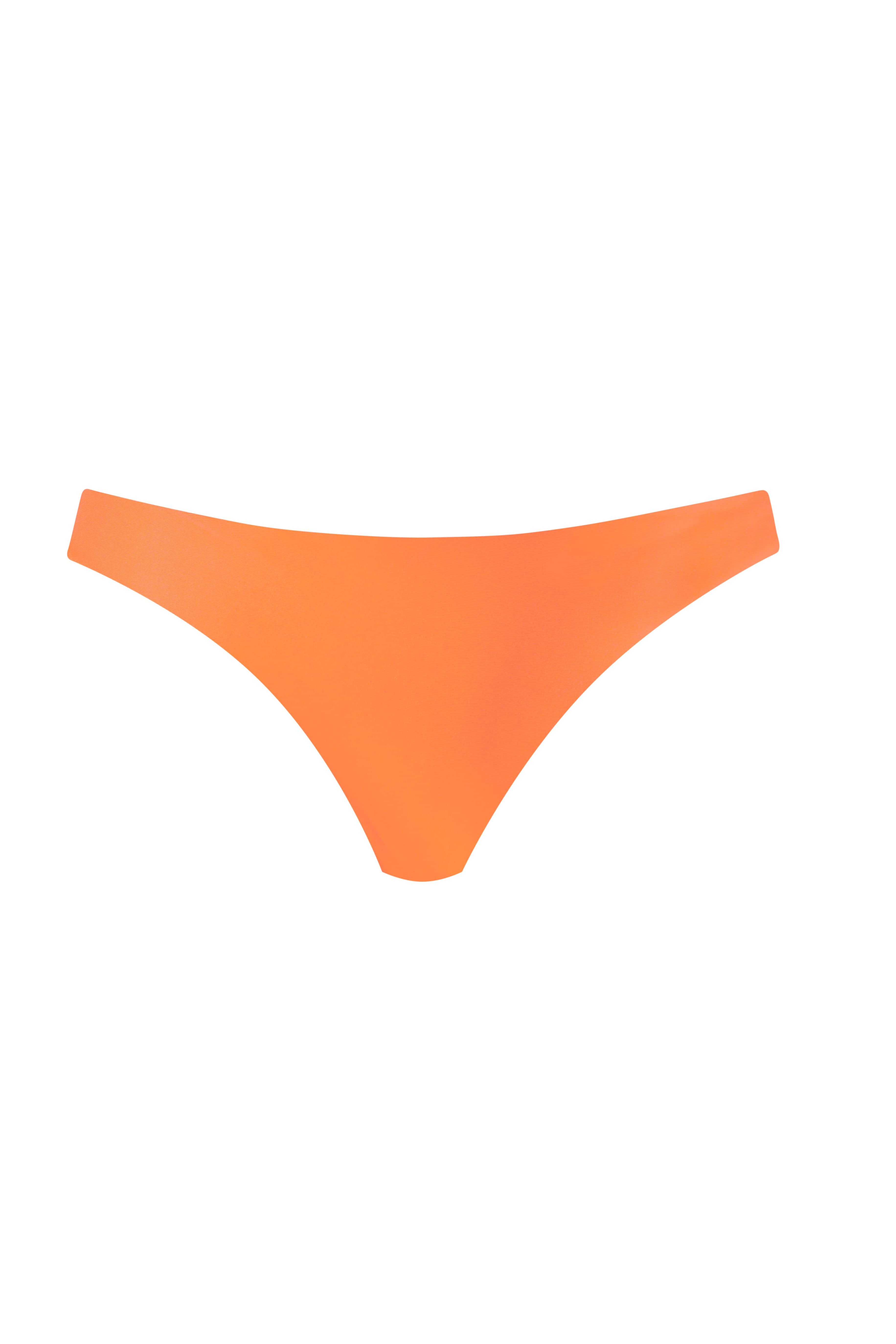 An orange bikini bottom against a white wall.