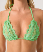 Matcha Lace Triangle Top in bright green hand-cut lace with adjustable tie straps