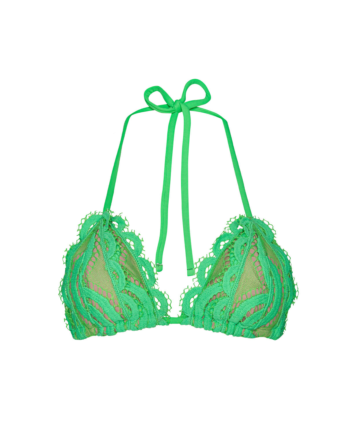 Matcha Lace Triangle Top in bright green hand-cut lace with adjustable tie straps