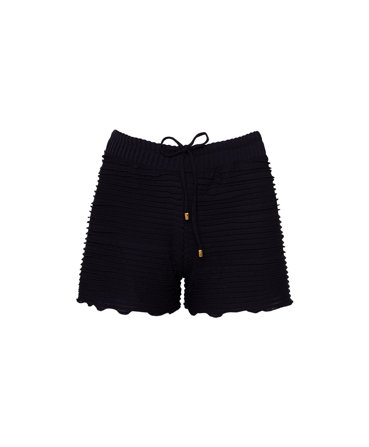 Midnight Adele Short—relaxed, ruffled resort shorts with adjustable tie waist and 24k gold-plated accents.