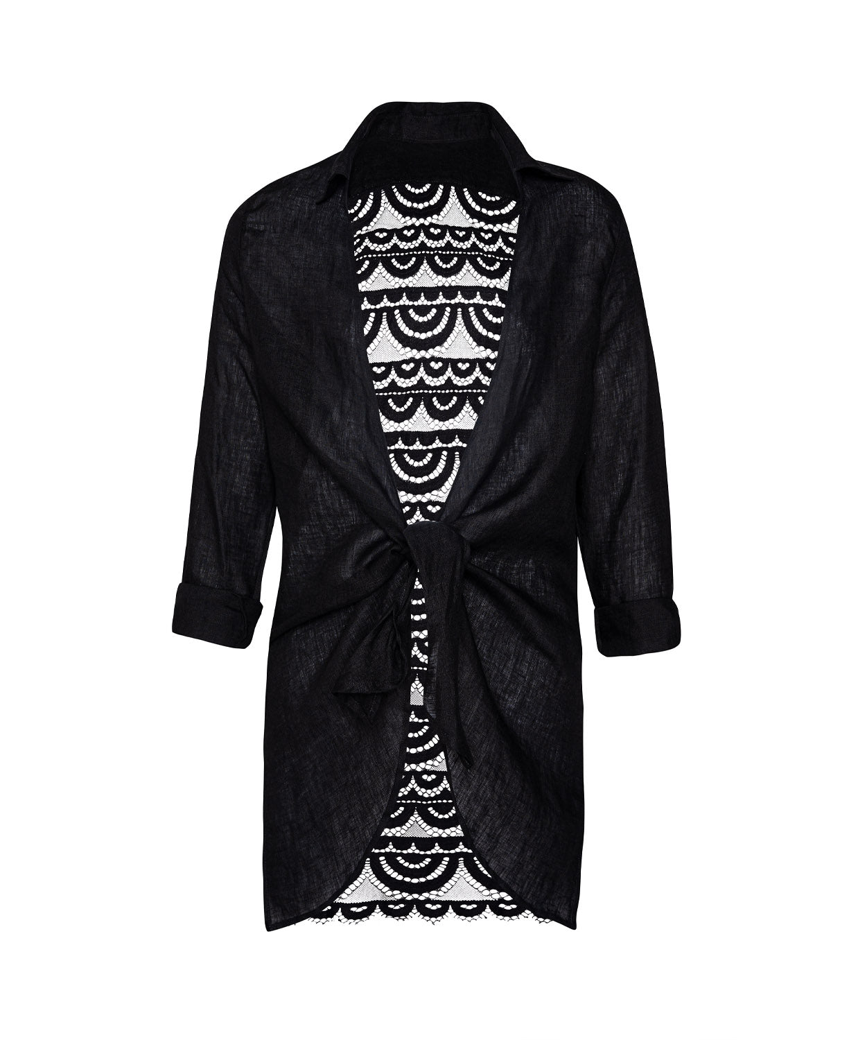 Midnight Lace Millie Tie Tunic in black linen with scalloped lace back and waist tie detail