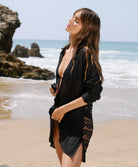 Midnight Lace Millie Tie Tunic in black linen with scalloped lace back and waist tie detail