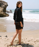 Midnight Lace Millie Tie Tunic in black linen with scalloped lace back and waist tie detail