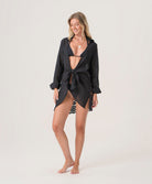 Midnight Lace Millie Tie Tunic in black linen with scalloped lace back and waist tie detail