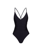 Black one-piece swimsuit with thin straps on a white background