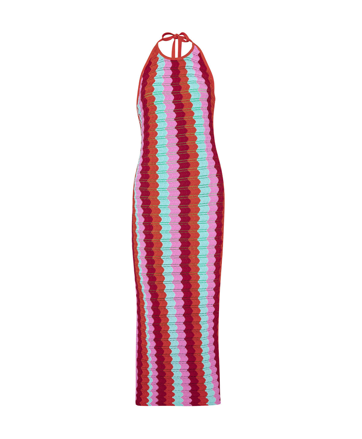 Floor-length multicolor crochet dress with a low back and halter neck ties, called the Milos Aurelia Dress.