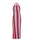 Floor-length multicolor crochet dress with a low back and halter neck ties, called the Milos Aurelia Dress.