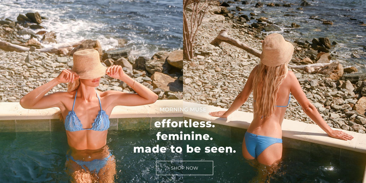 A split-screen lifestyle image showing a woman in a natural beach setting wearing a light blue bikini and straw hat, posing in a pool. The right side shows her from behind, and the left side shows her from the front.