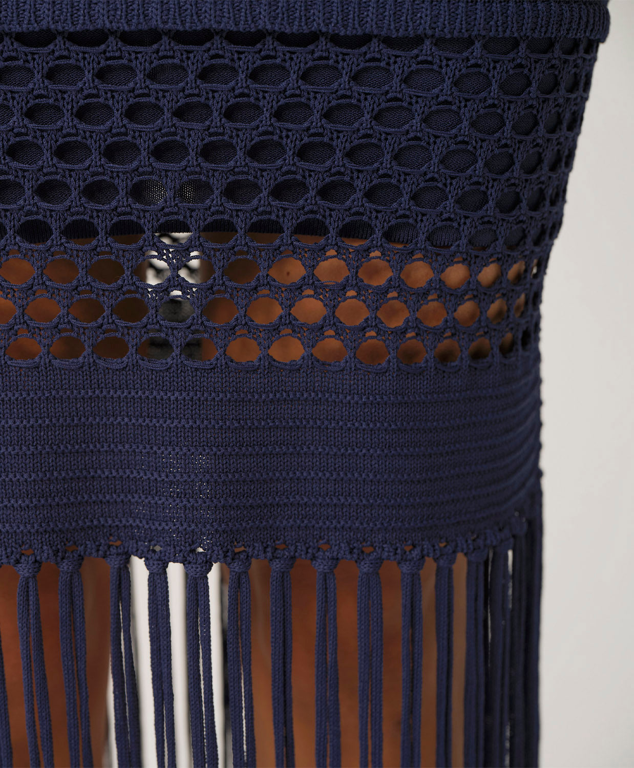 Navy Melissa Fringe Dress strapless fitted silhouette with fringe