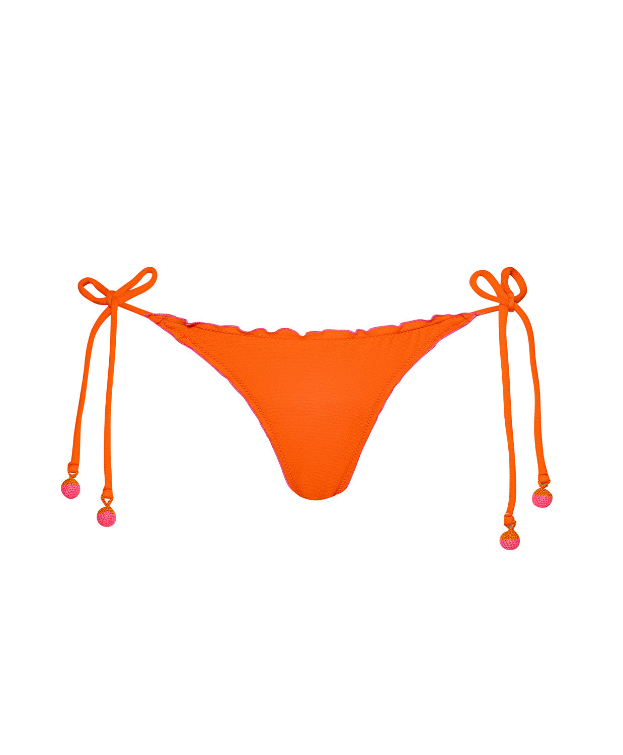 Paloma Lettuce Edge Tie Side Bottom in vibrant orange textured fabric with soft pink lettuce-edge trim, adjustable side ties, and subtle ruched back.