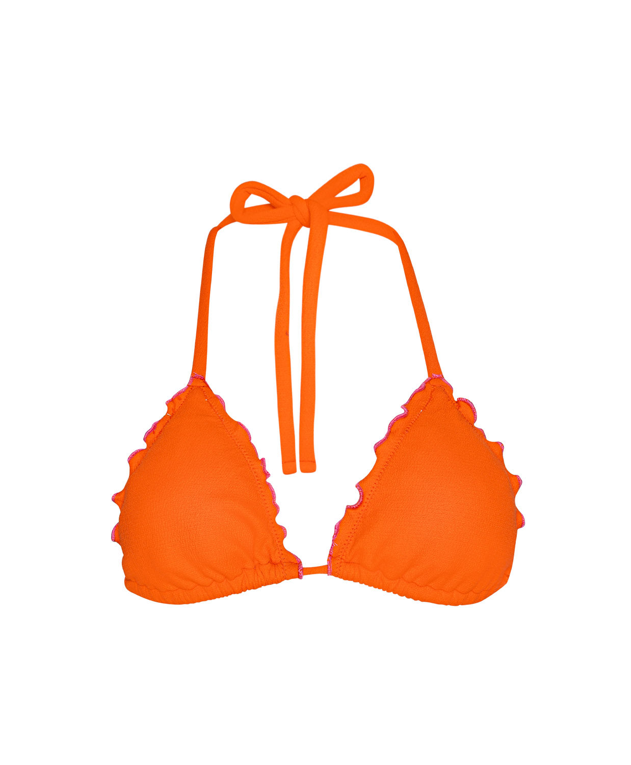 Paloma Lettuce Edge Triangle Top in vibrant orange textured fabric with pink ripple trim and hand-crocheted accents