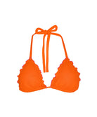 Paloma Lettuce Edge Triangle Top in vibrant orange textured fabric with pink ripple trim and hand-crocheted accents