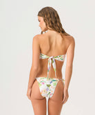 Paradise Bloom Embroidered Ring Bandeau bikini top with tropical floral print, hand-embroidered beading, and gold-dipped ring detail.