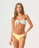 Paradise Bloom Embroidered Ring Bandeau bikini top with tropical floral print, hand-embroidered beading, and gold-dipped ring detail.